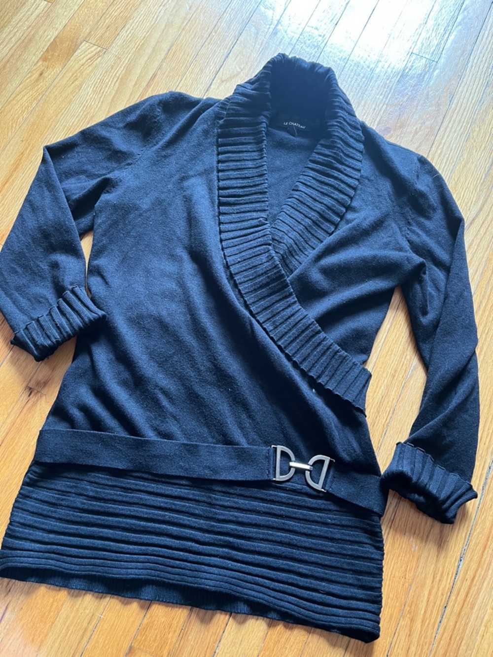 le chateau Black Ribbed Shawl-Collar Sweater with Belt Detail